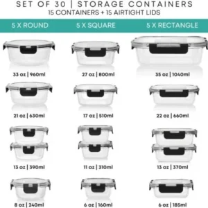 Special Discounted Price:Razab 30 PC Glass Food Storage Containers with Lids - Reusable Glass Meal Prep Containers for Lunch and Leftovers - Airtight & Leakproof Snap Locking Lids - Oven, Freezer, Microwave, Dishwasher Safe - Image 9