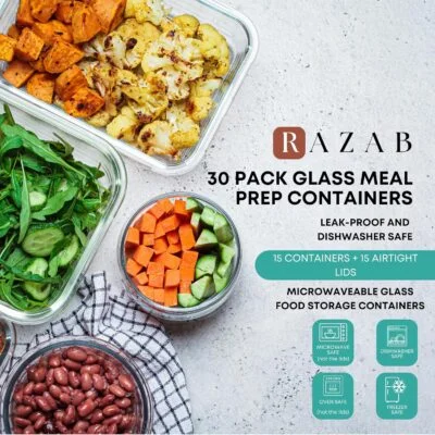 Special Discounted Price:Razab 30 PC Glass Food Storage Containers with Lids - Reusable Glass Meal Prep Containers for Lunch and Leftovers - Airtight & Leakproof Snap Locking Lids - Oven, Freezer, Microwave, Dishwasher Safe - Image 2