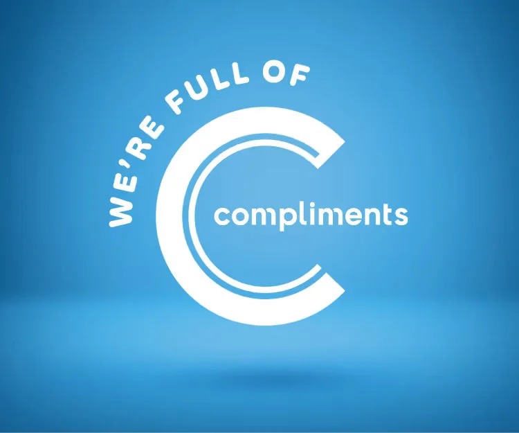 Compliments brand badge with blue background and circular design