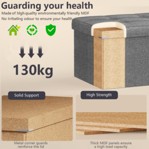 Topika 110cm Large Storage Ottoman Cube Foldable Box Bench with Lid Grey - Image 3