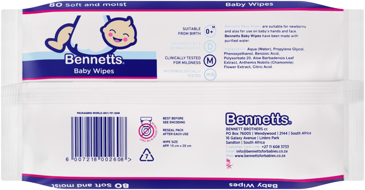 Bennetts Baby Wipes 80's (6 Pack) - Image 3